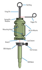 Visual diagram of the 12g trip alarm and the 308 adapter with labels: Pull Ring, Firing Pin, Spring/Pin Retainer, Trigger Pin, Mounting Holes, Zip-tie mounts, breech, load detent, 308 adapter, set screws, 308 blank - Thumbnail Image