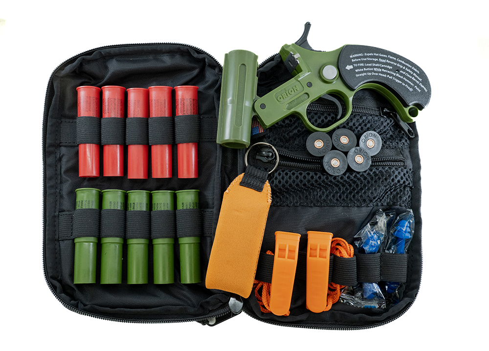 Boat Down Kit: Orion Safety Launcher, Flares, Waterproof sight and sound shells, pest scares, whistles, ear plugs in an EDC bag.